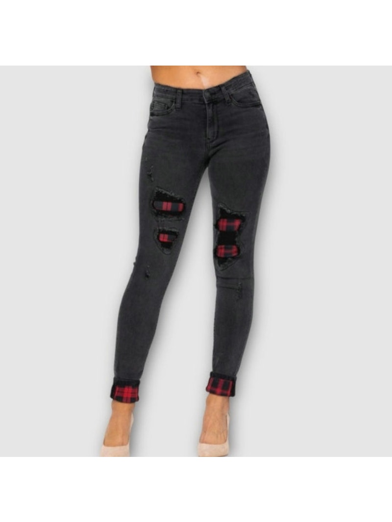 Nwt Judy Blue Buffalo Plaid Patch Distressed Mid-Rise Skinny Jean